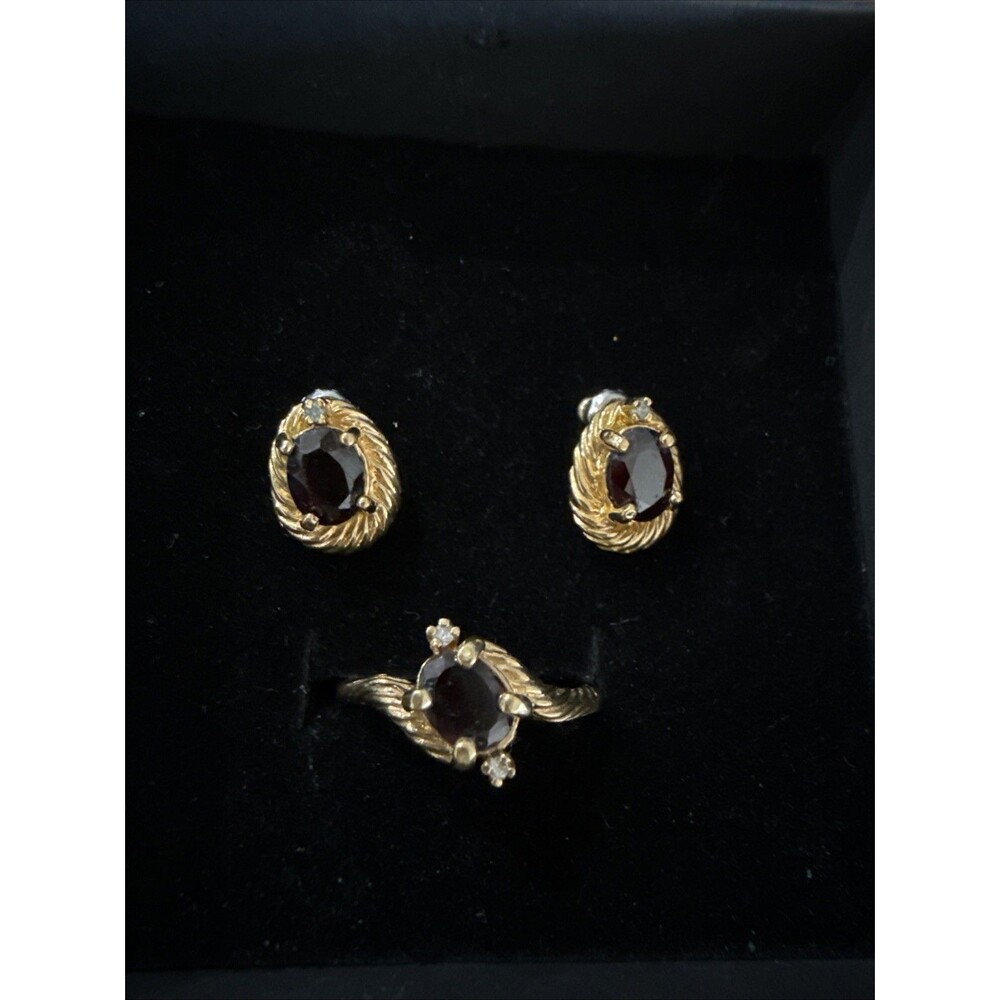 Lind 14k HGE Yellow Gold Plated Ring & Earring Set Red Stone & Diamond~New